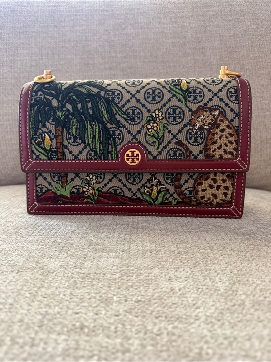 Tory Burch Handbags - Tory Burch Burgundy Botanical & Leopard Canvas Crossbody Bag Limited Edition